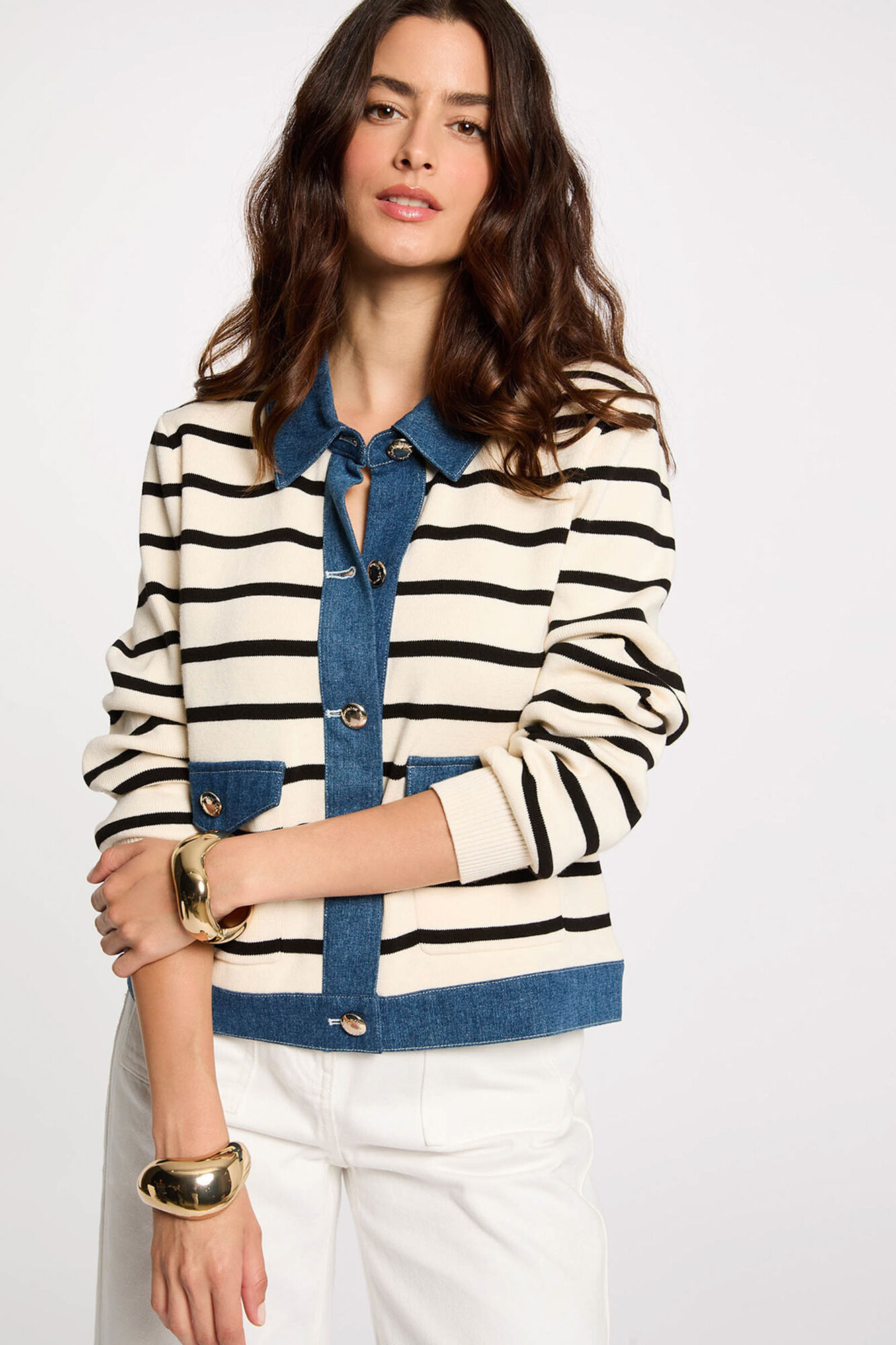 Morgan Casaco de malha gola de lapela e riscas