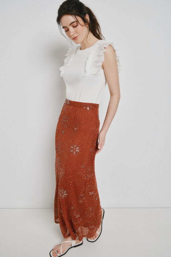 Vero Moda Saia midi com pedraria Castanho