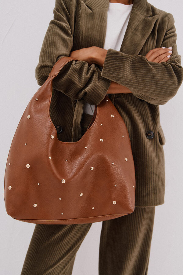 Cortefiel Studded hobo bag Nude