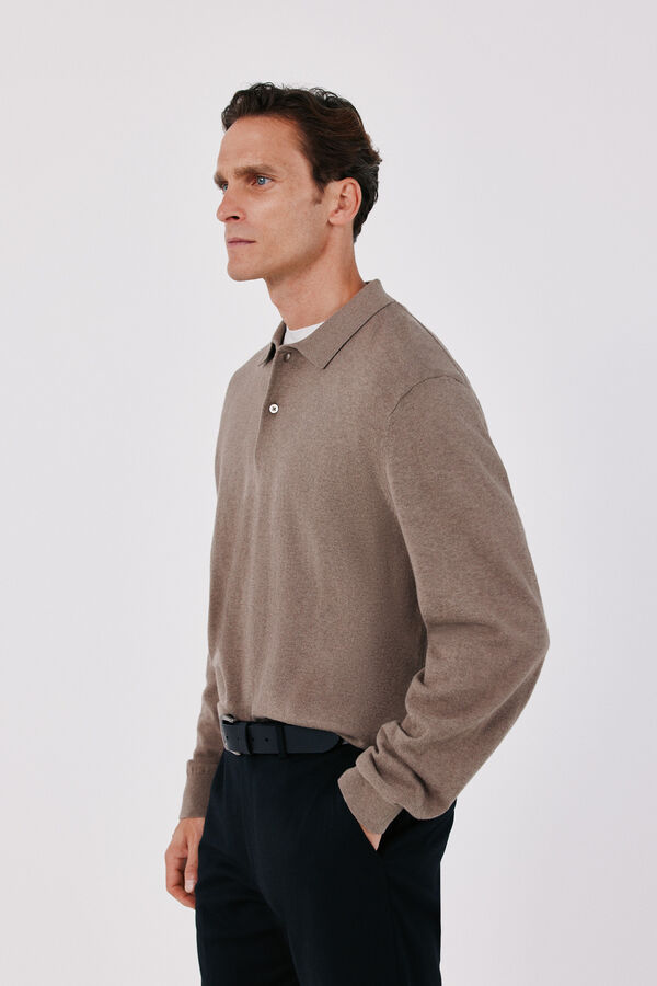 Cortefiel Cotton cashmere knit polo neck jumper Beige