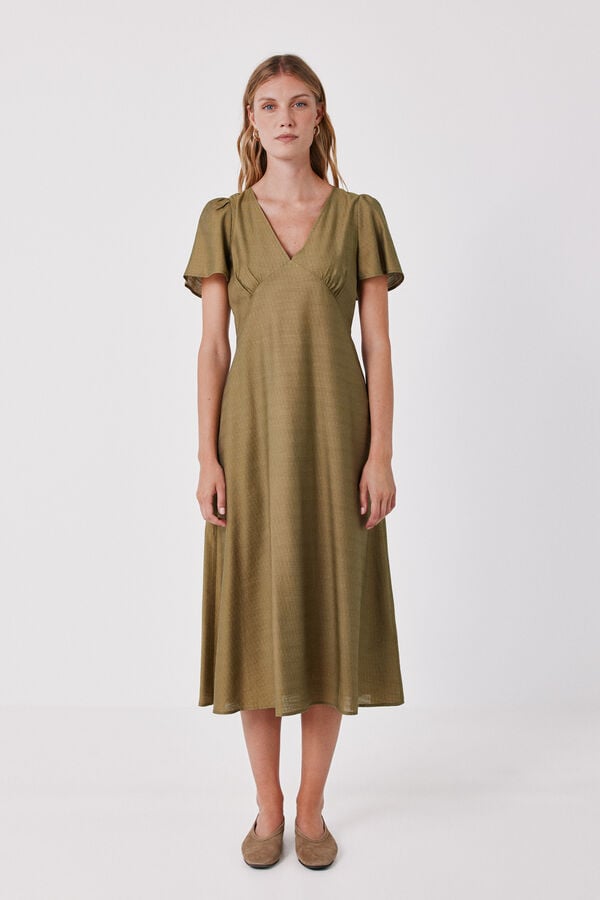 Cortefiel V-neck flutter sleeve dress Green