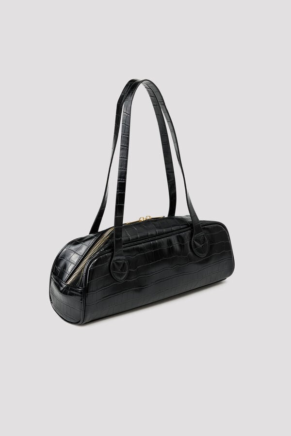 Cortefiel Crocodile effect baguette handbag Black