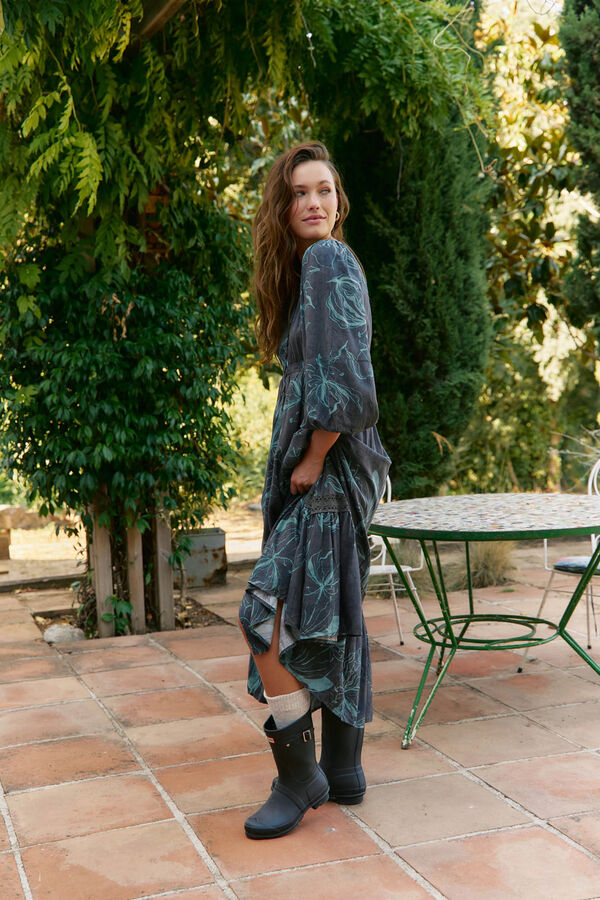 Jaase Vestido longo Carmen de manga comprida com estampado de lírio da meia-noite Cinzento