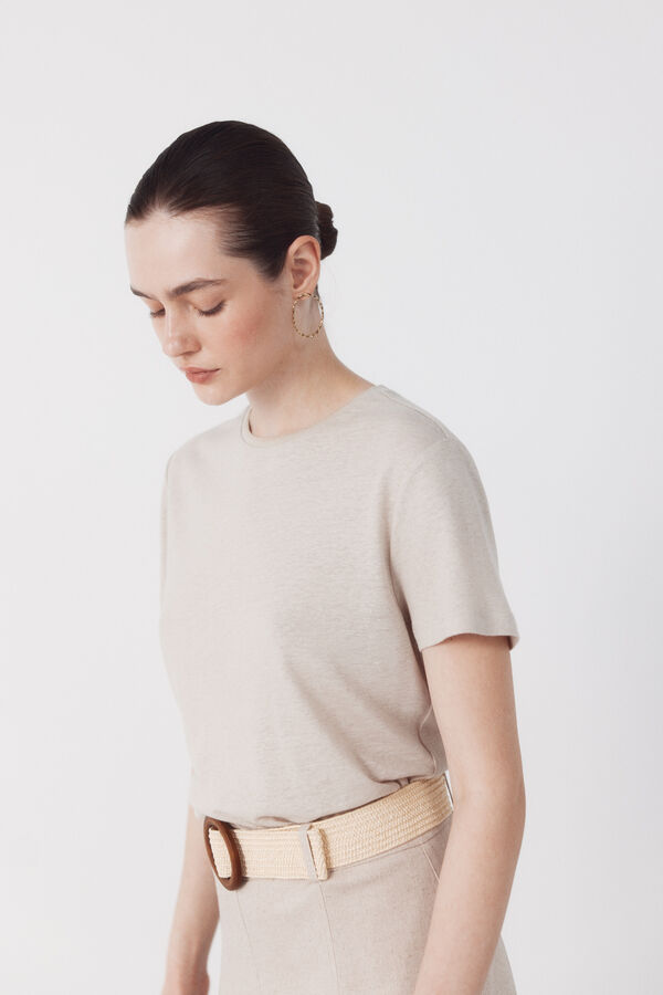 Cortefiel Linen -shirt with lurex neckline Beige