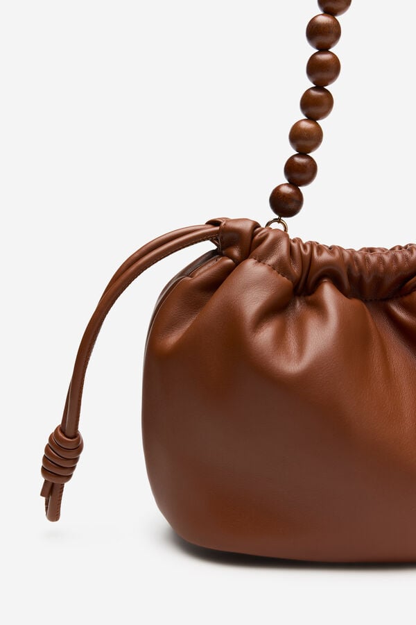 Cortefiel Gathered bag with wooden bead handle Brown