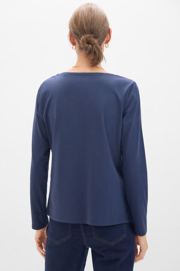 Cortefiel Essential boat neck T-shirt with gold buttons Navy