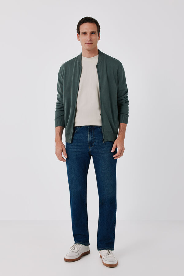 Cortefiel Cotton fine knit zip fastening cardigan Kaki