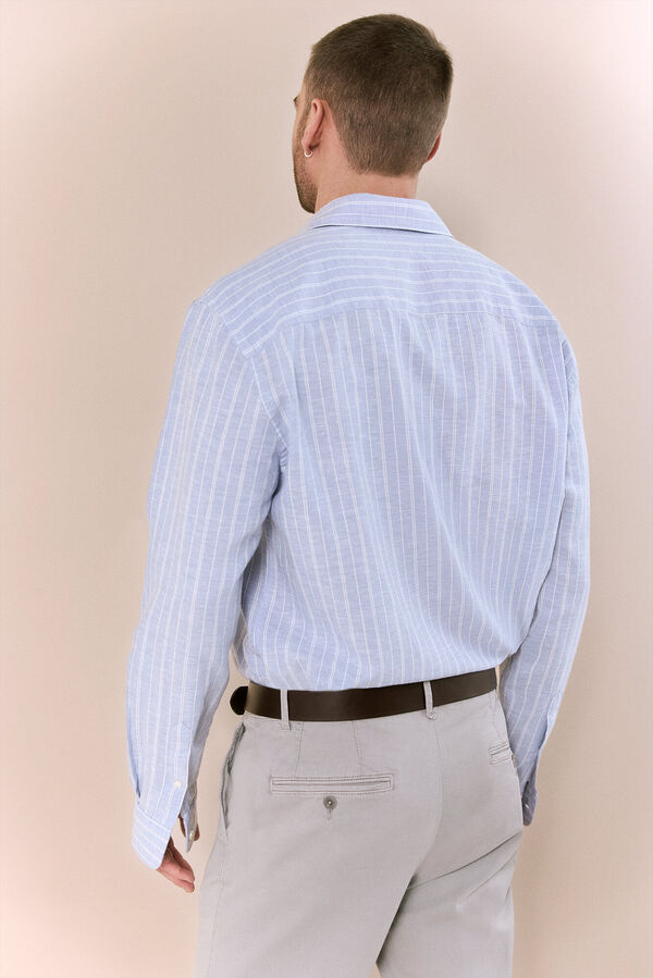 OOTO Camisa em algod&atilde;o e linho &agrave;s riscas Azul