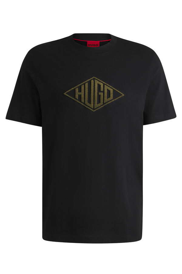HUGO Camiseta de malha de algodão com bordado de logo geométrico Preto