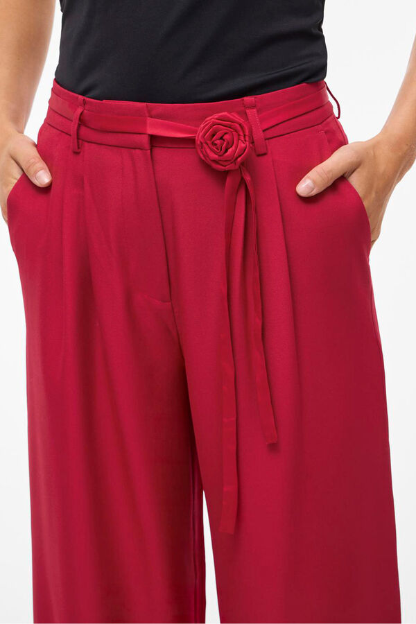 Vila Calça social de pernas largas com cinto de flores Vermelho
