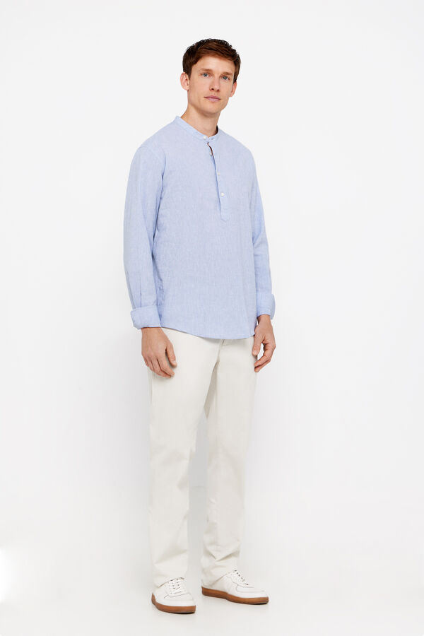 Cortefiel Linen and cotton polo shirt with mandarin collar Blue
