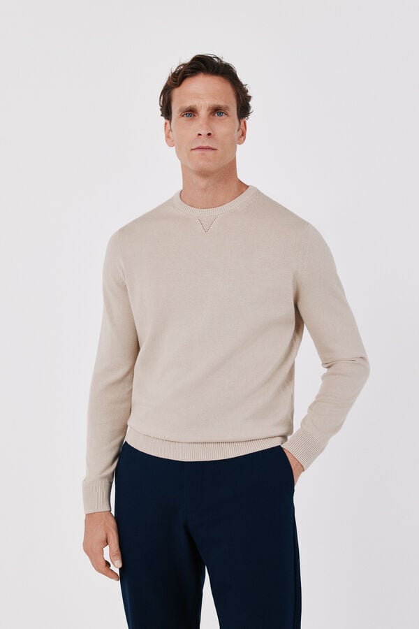 Cortefiel Cotton fine knit round neck jumper Beige