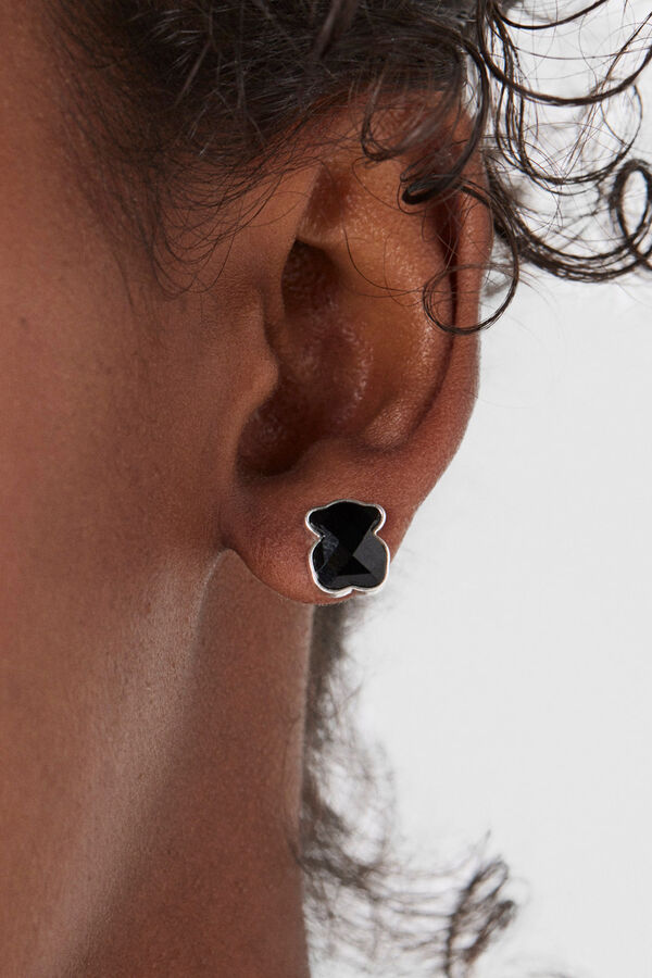 Cortefiel Silver and onyx earrings with bear Grey
