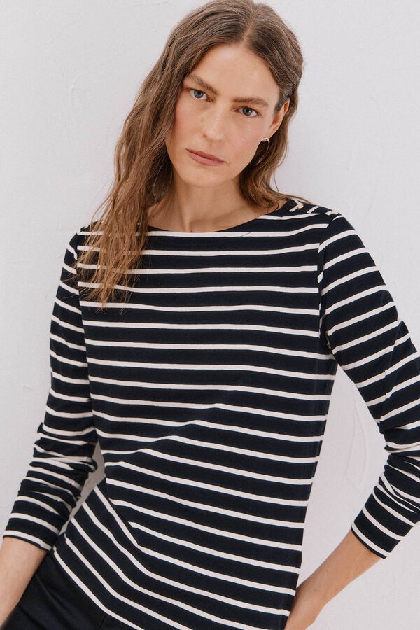 Cortefiel Boat neck T-shirt with buttons Printed white