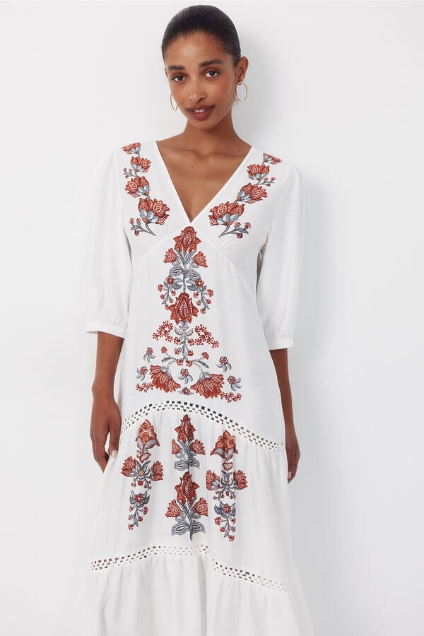 Cortefiel Long printed dress Printed white