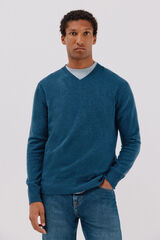 Cortefiel Lambswool round V wool sweater Blue