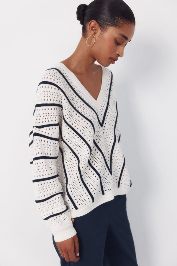 Cortefiel Striped openwork jumper Printed blue
