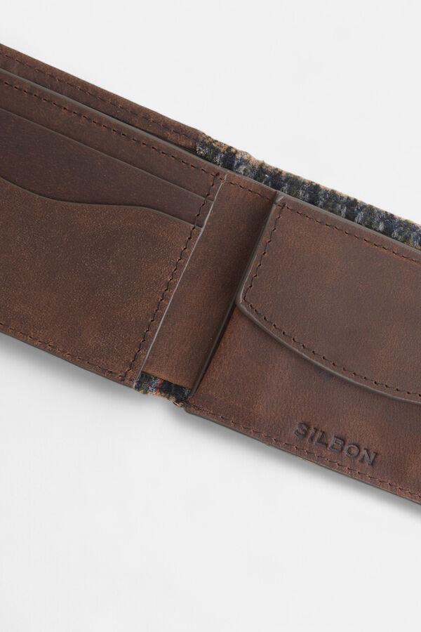 Silbon Carteira de couro com tecido xadrez Castanho