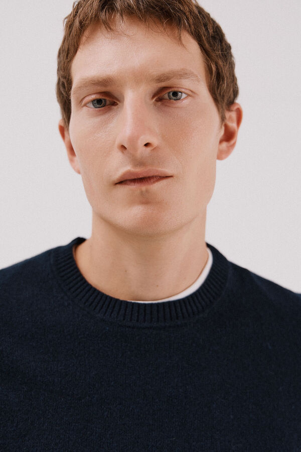 Cortefiel Lambswool jumper with round neck Navy