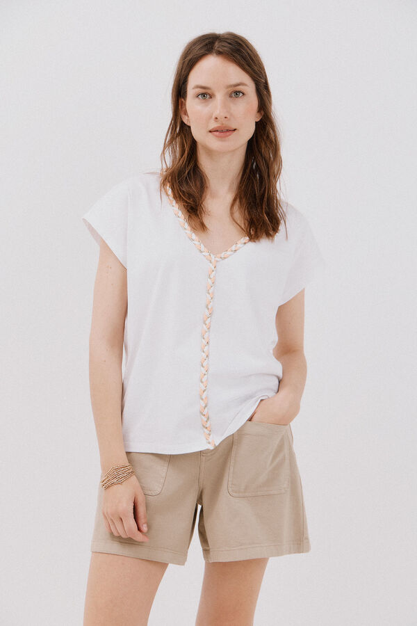 Cortefiel V neck braided t-shirt White