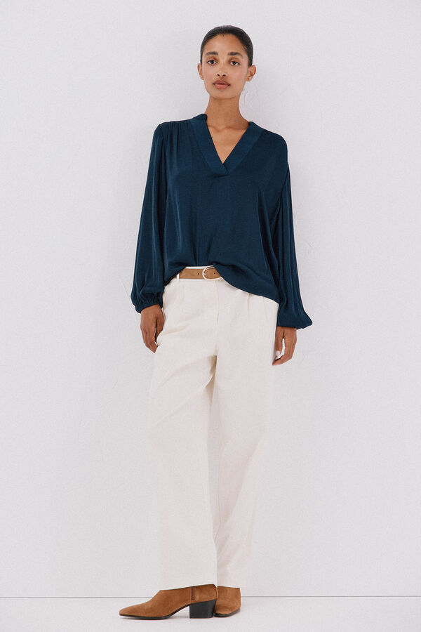 Cortefiel Blusa satinada fluida Azul marino
