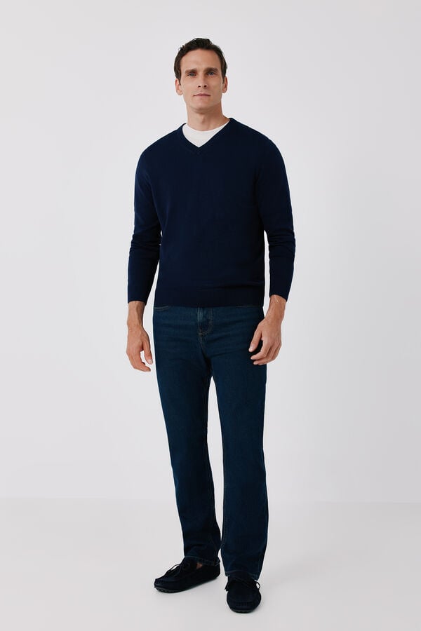 Cortefiel Cotton fine knit V-neck jumper Navy