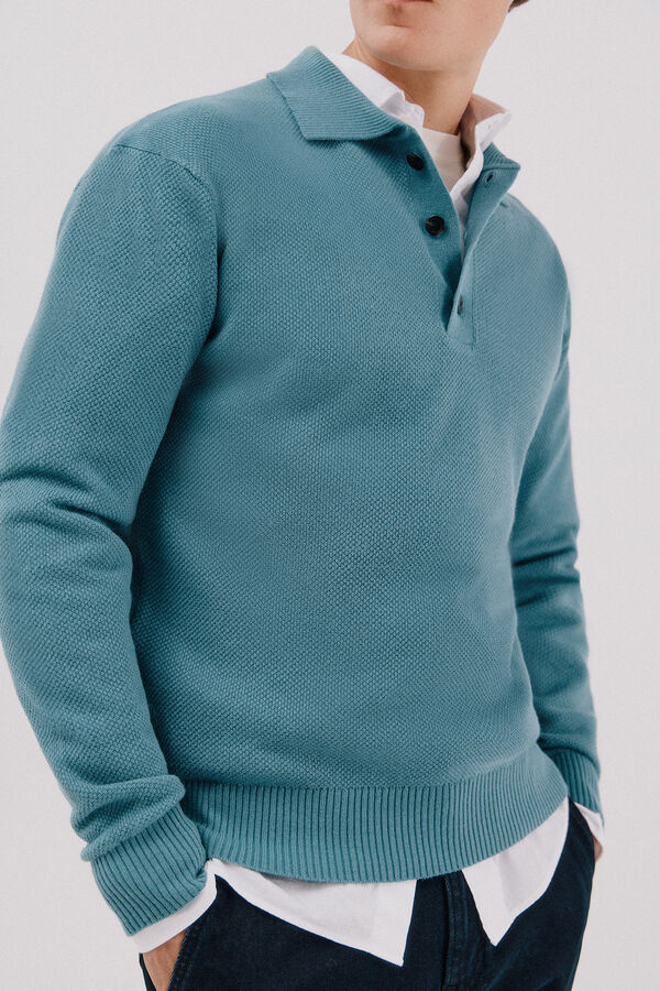 Cortefiel Suéter estruturado de lã com gola polo Azul