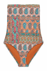 Cortefiel Square neck sculpting swimsuit Printed orange