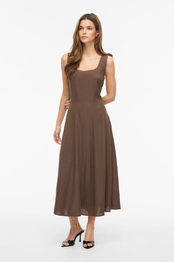 Vila Vestido midi de al&ccedil;as em linho Castanho