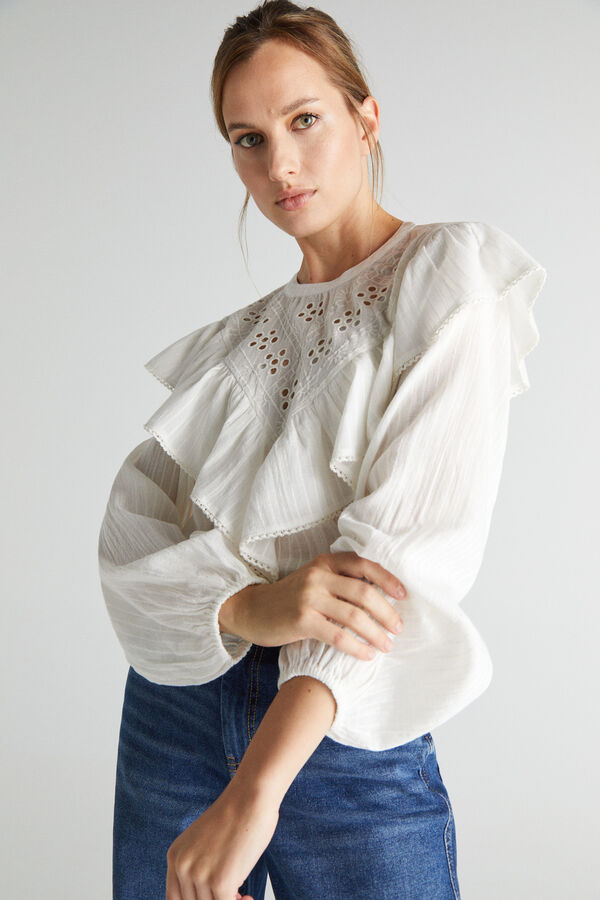 Cortefiel Embroidered flounced blouse White