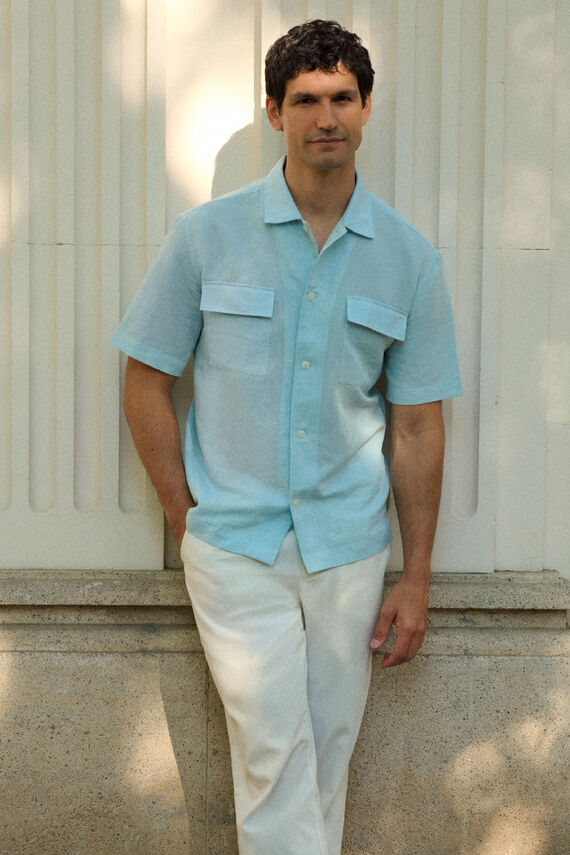 Camisa lino algodón lisa cuello bowling