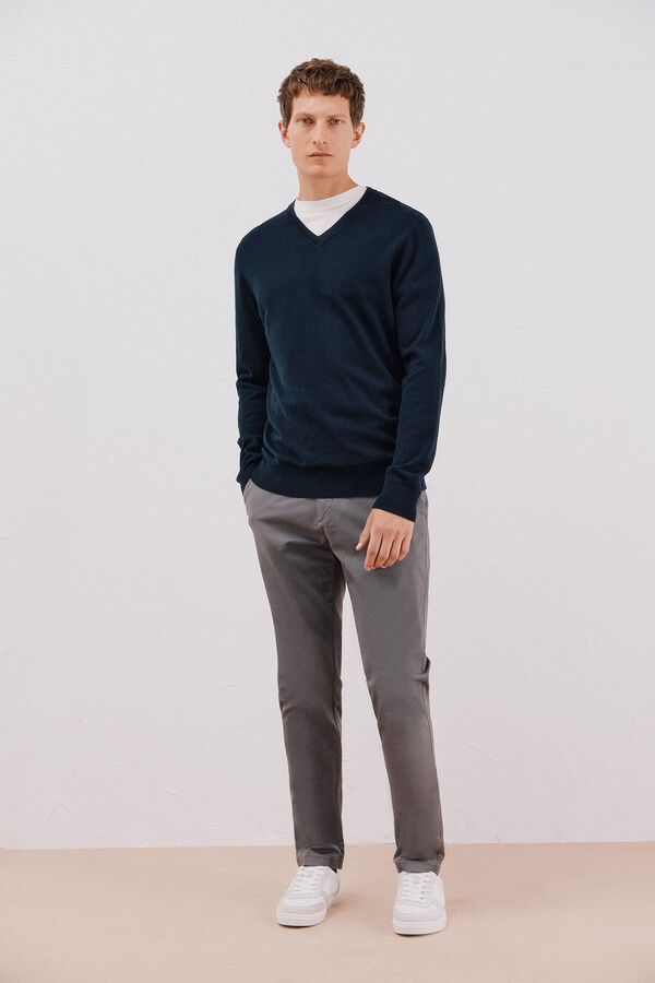 Cortefiel Jersey algodón cashmere cuello pico Azul marino