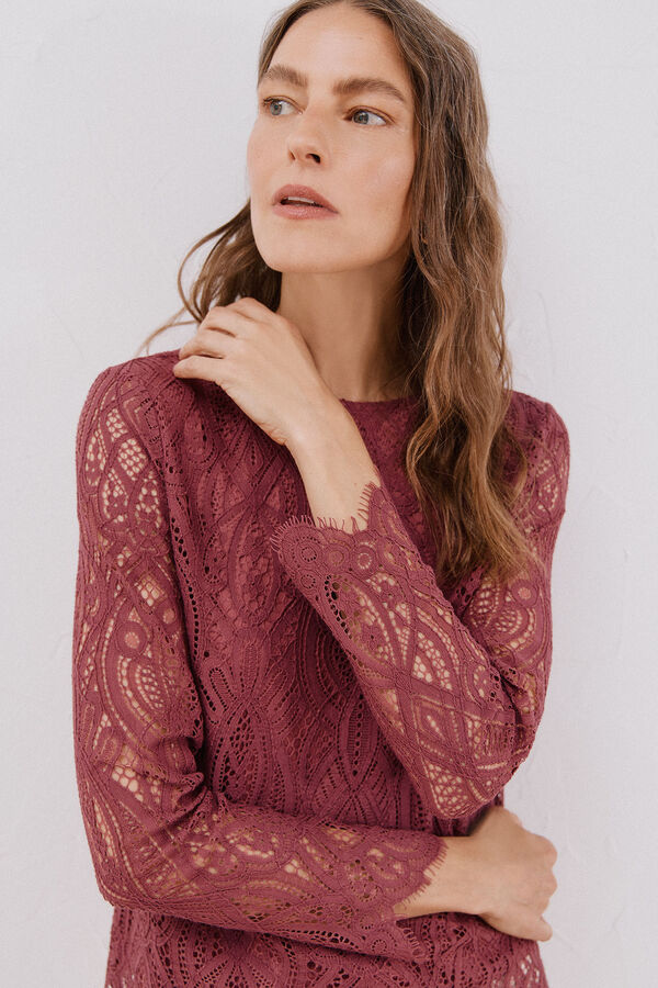 Cortefiel long sleeve guipure top Maroon