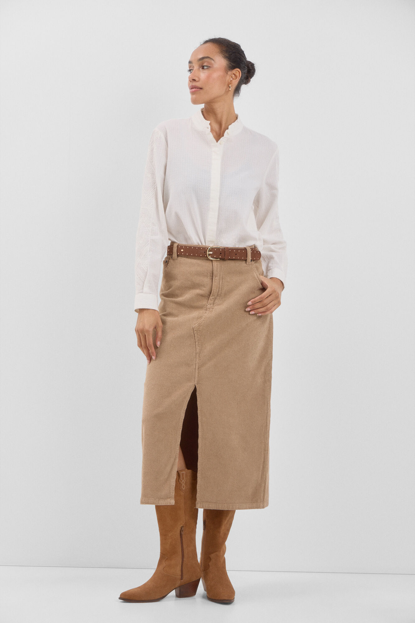 Women's tan corduroy skirt top