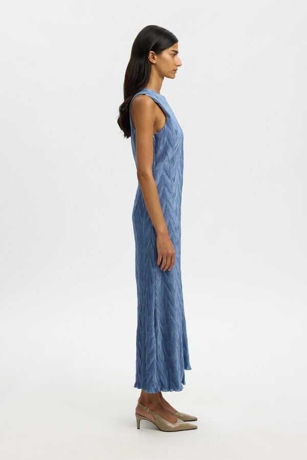 Selected Vestido comprido em tecido plissado Azul