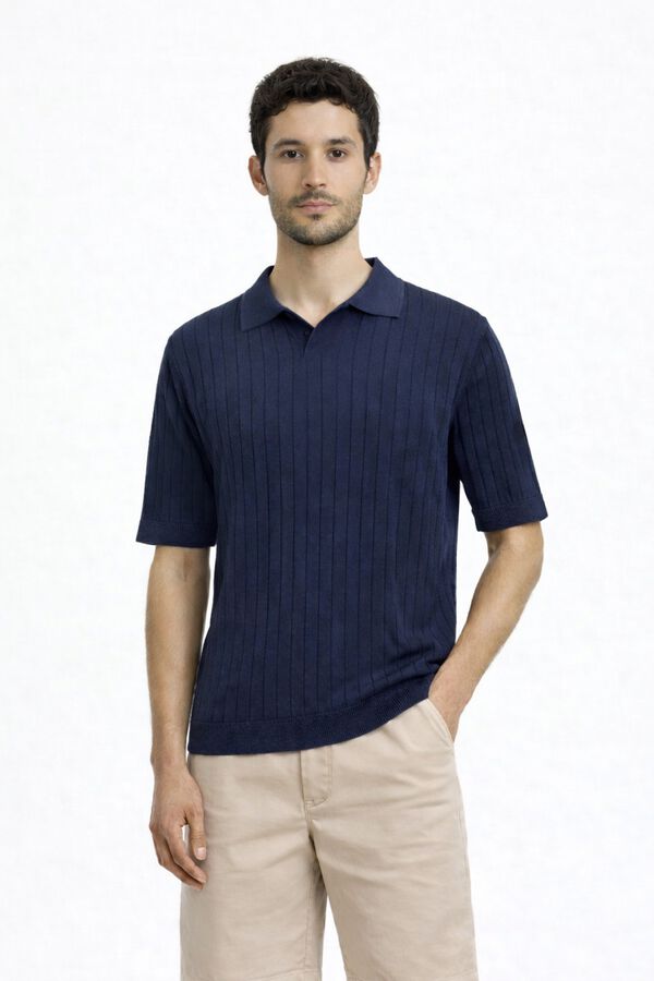 Selected Ribbed knit polo shirt Navy