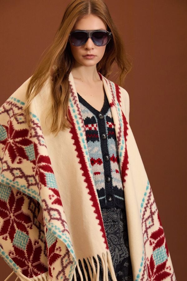 Meisie Ethnic poncho with fringes Printed white