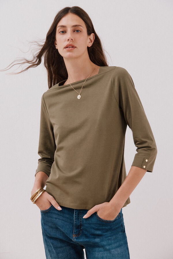 Cortefiel Essential boat neck T-shirt Kaki