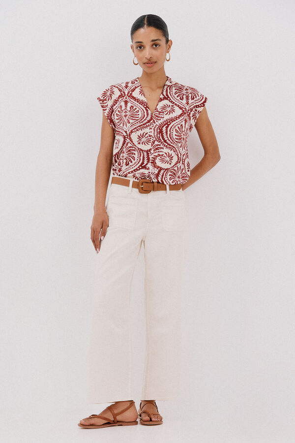 Cortefiel Printed t-shirt with gathered V neckline Printed red