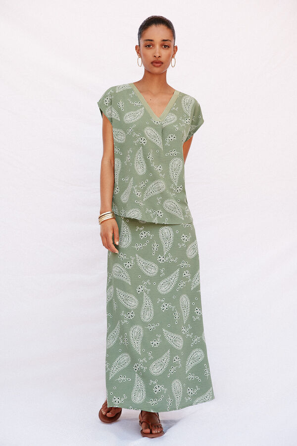 Cortefiel Printed flared midi skirt Kaki