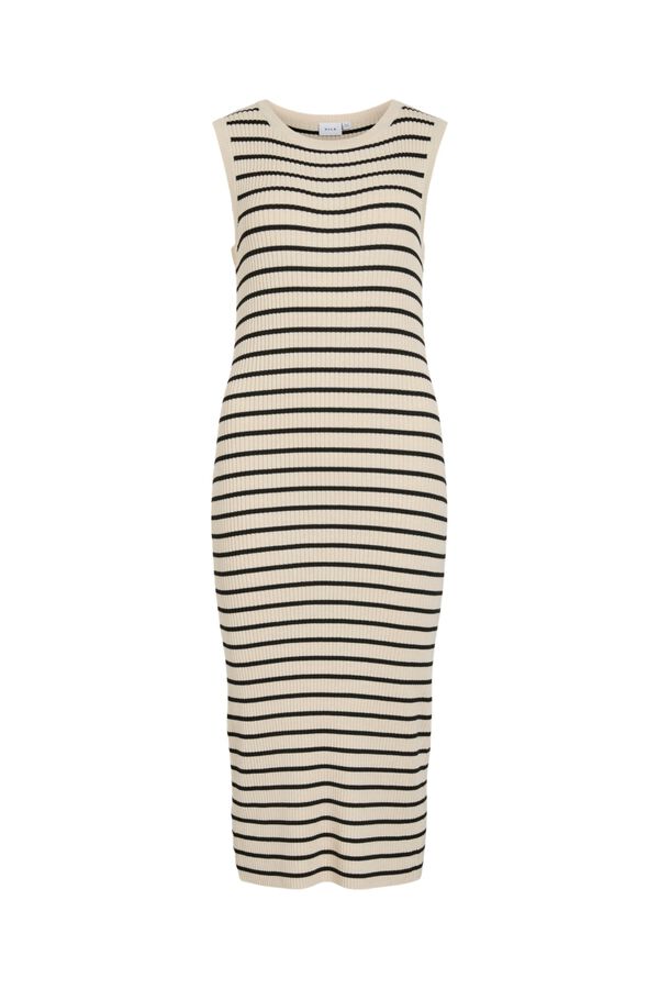 Vila Vestido midi canelado sem mangas Ecru