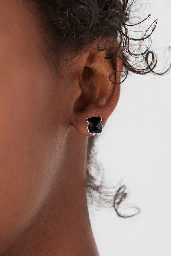 Cortefiel Silver and onyx earrings with bear Grey