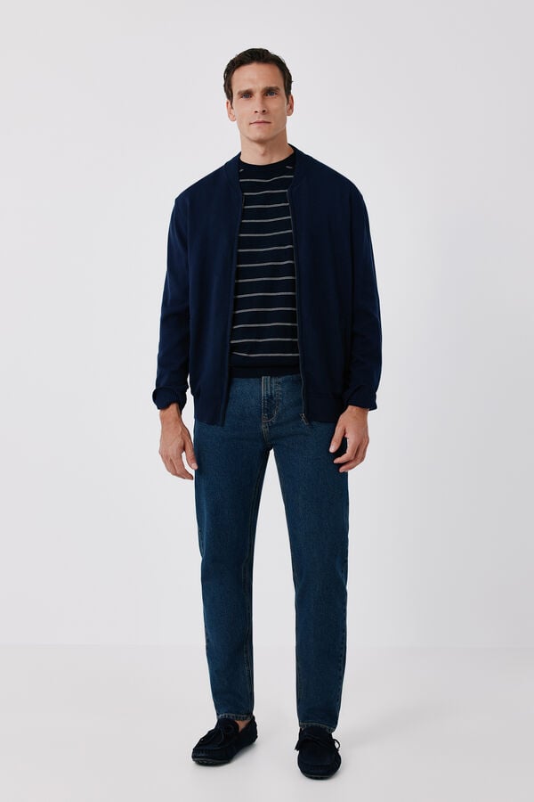 Cortefiel Cotton fine knit zip fastening cardigan Navy