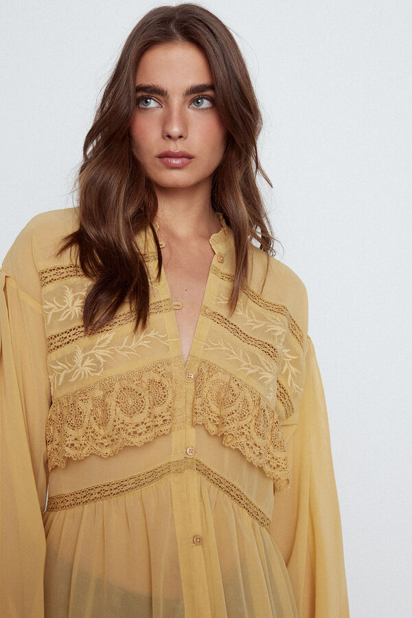 Cortefiel Embroidered kaftan with lace Gold