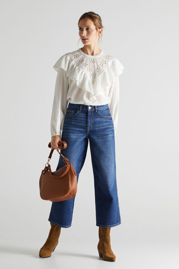 Cortefiel Embroidered flounced blouse White