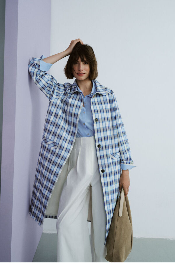Cortefiel Long plaid trench coat Printed blue