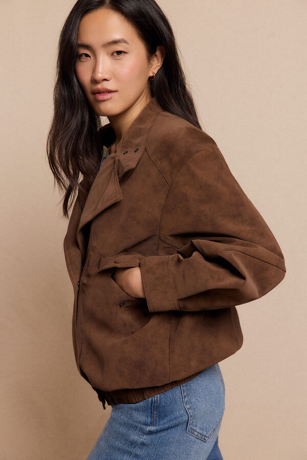 Slowlove Blusão motard efeito pele Tostado