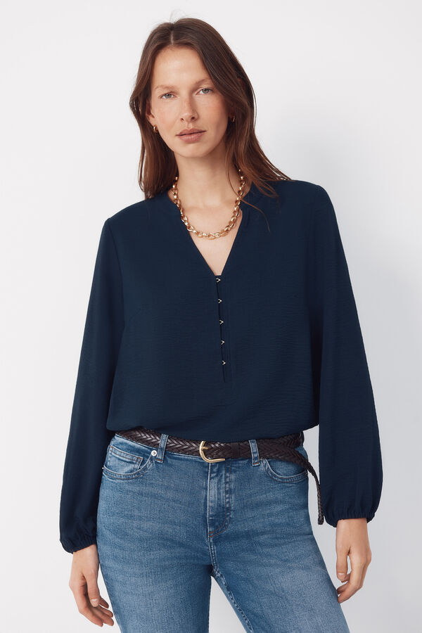 Cortefiel Mandarin blouse with buttons Navy