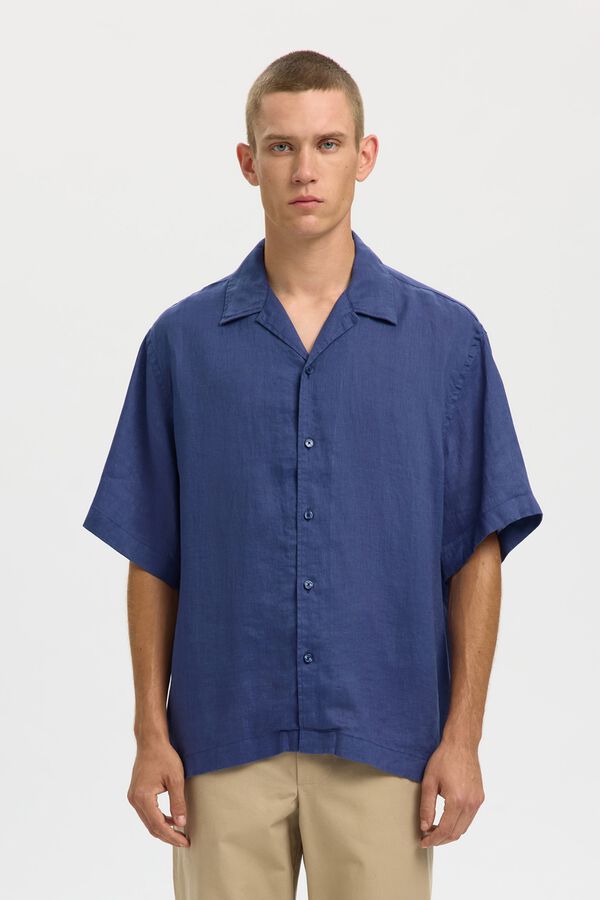 Selected Camisa de manga curta em linho Azul