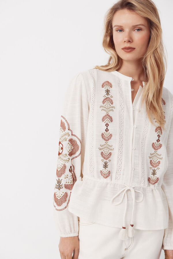 Cortefiel Blusa bordada cintura ajustable Marfil
